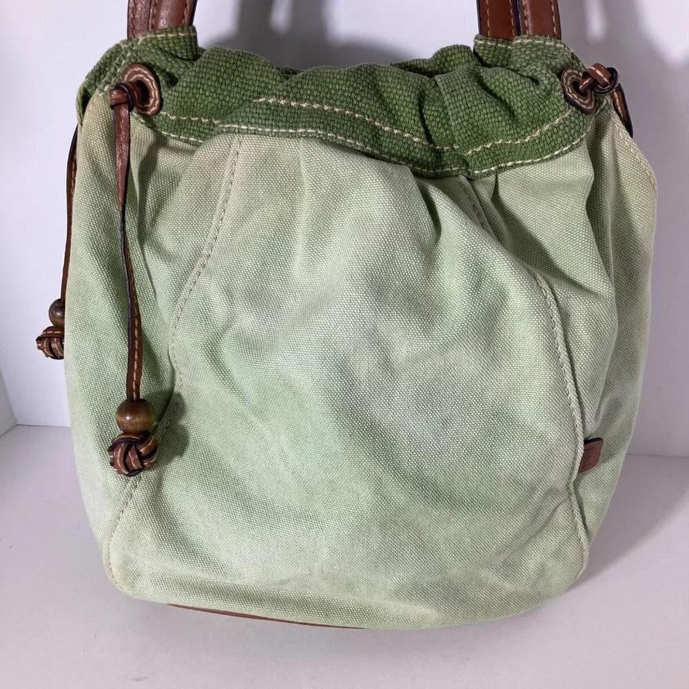 Womens Vintage Fossil‎ Canvas Handbag Leather Handles Green 12 x 15